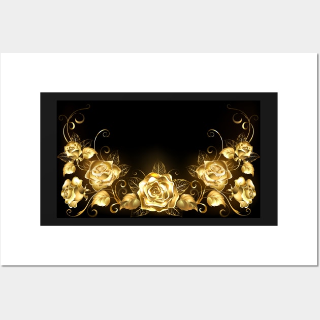 Black Background with Gold Roses Wall Art by Blackmoon9